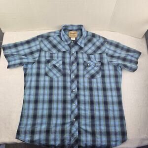 Wrangler Western Blue Plaid Pearl Snap Button Short Sleeve Men's Shirt  Size XL